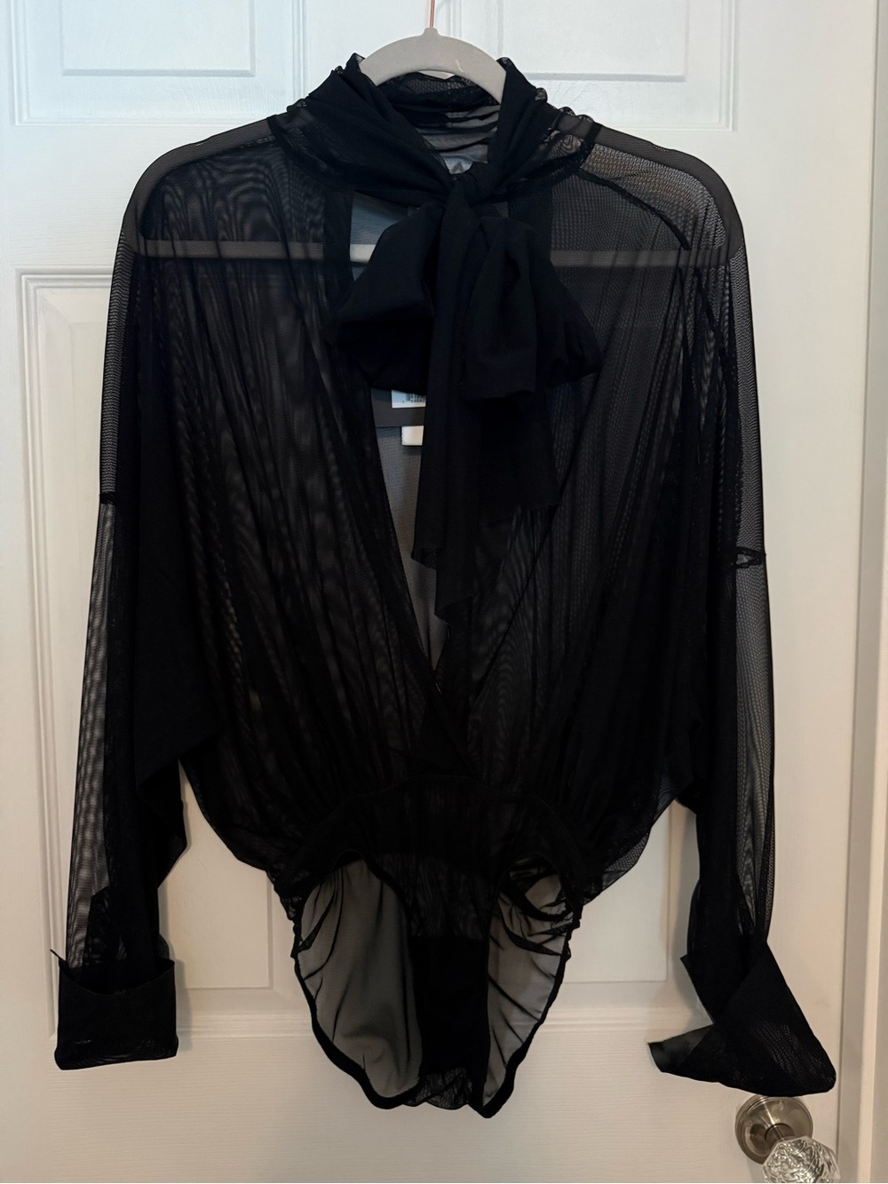 Norma Kamali Sheer Black Long-Sleeve Tie-Neck Bodysuit Runs Big Size XXS NWT